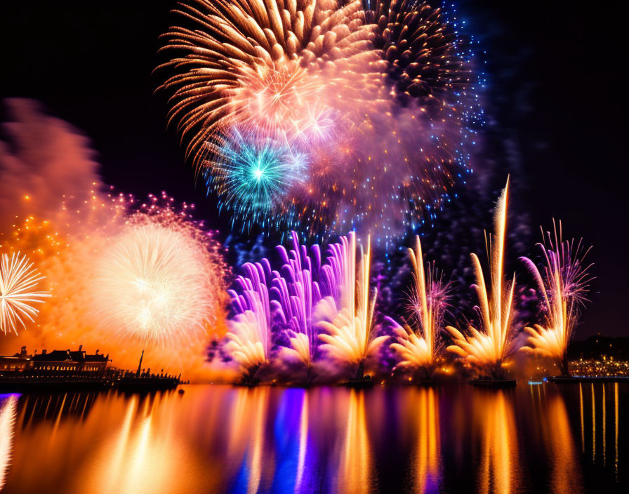 Colorful fireworks illuminate sky over water with city skyline silhouette.