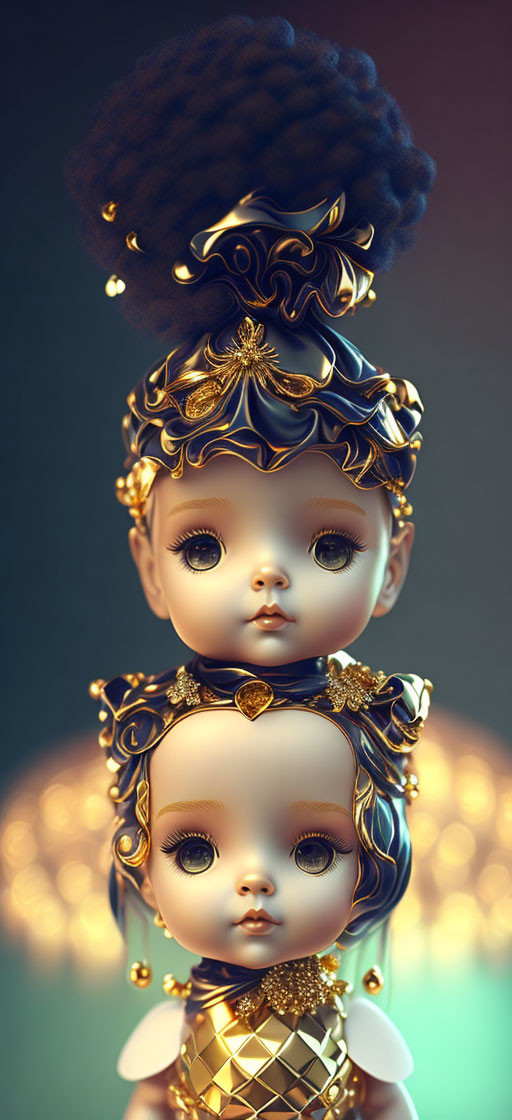 Intricate golden headpieces on ornate stacked dolls against teal background