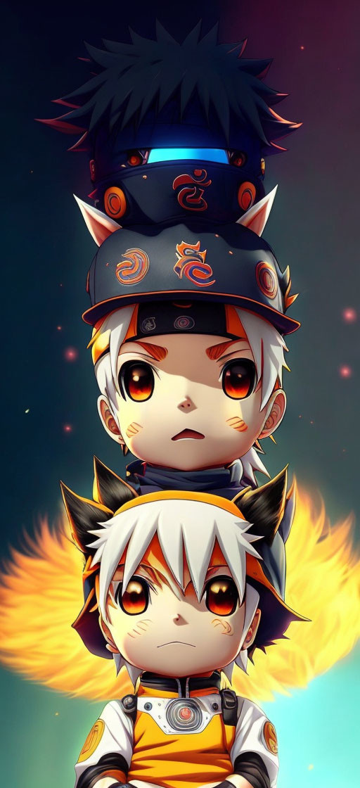 Vertical stack of stylized animated fox-like characters with spiky hair, in fiery setting