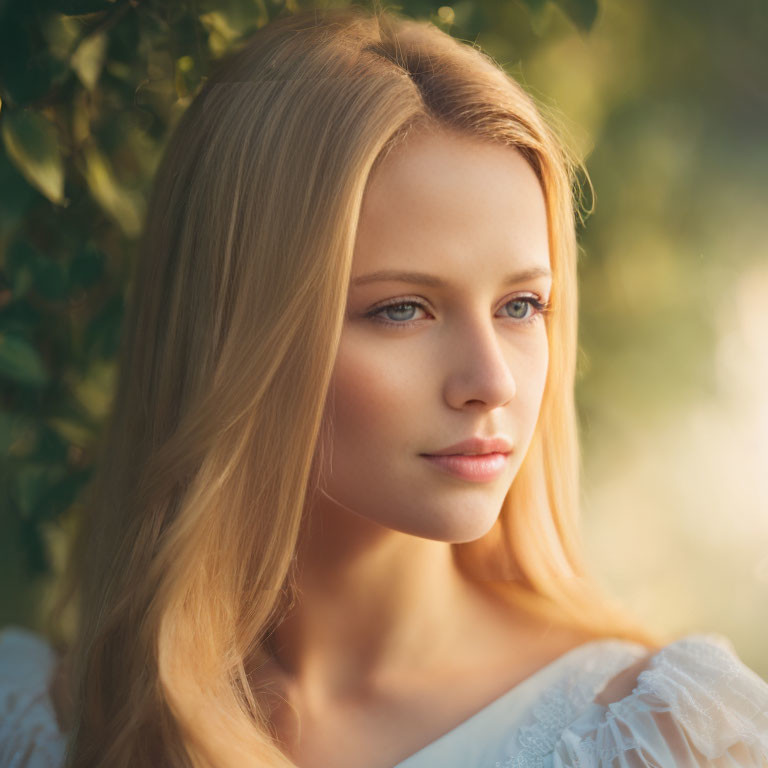 Young woman with long blonde hair and thoughtful expression in serene nature setting