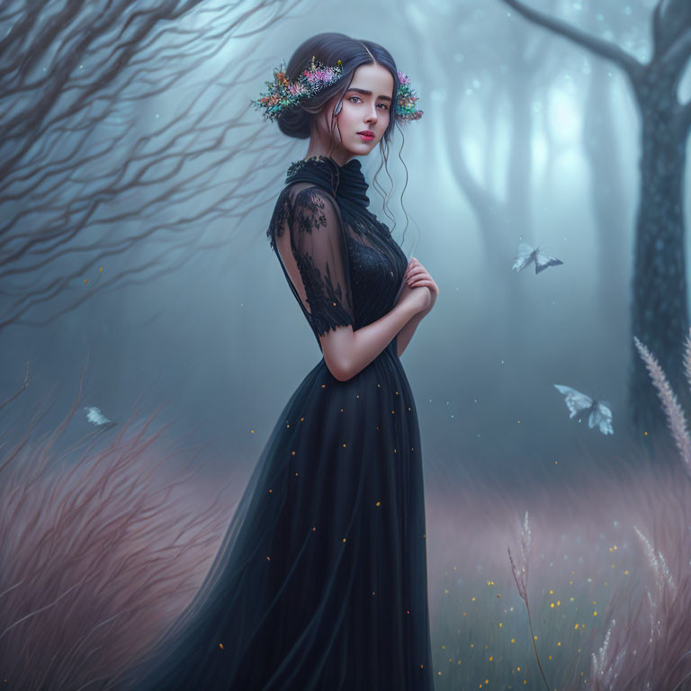 Woman in black dress with floral wreath in misty forest with butterflies