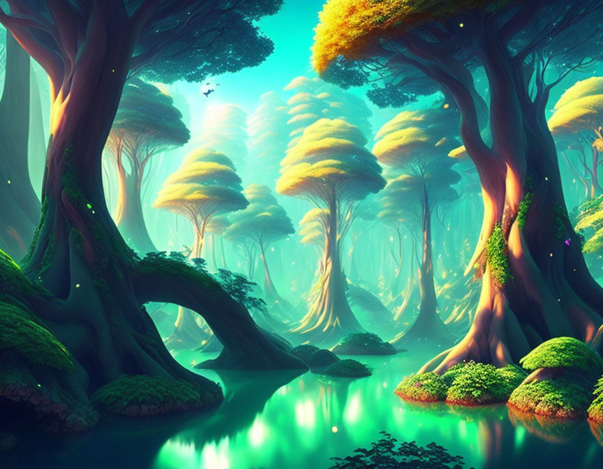 Tranquil Fantasy Forest with Ancient Trees and Green Water