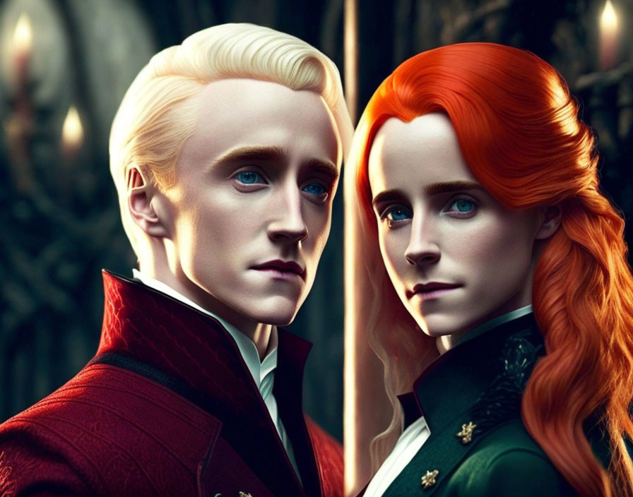 Two individuals with platinum blonde and vibrant red hair in noble attire against a dark forest.