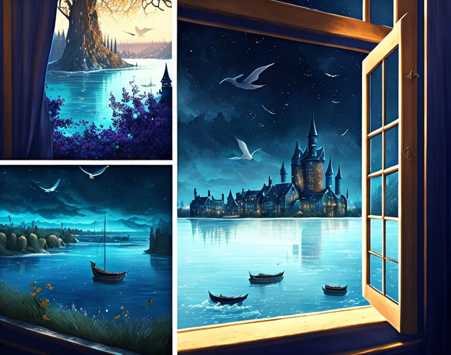 Fantasy nightscape with glowing tree, castle, boats, birds under starry sky