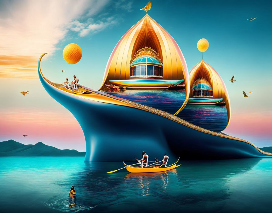 Surreal artwork of large boat with architectural structures in serene seascape