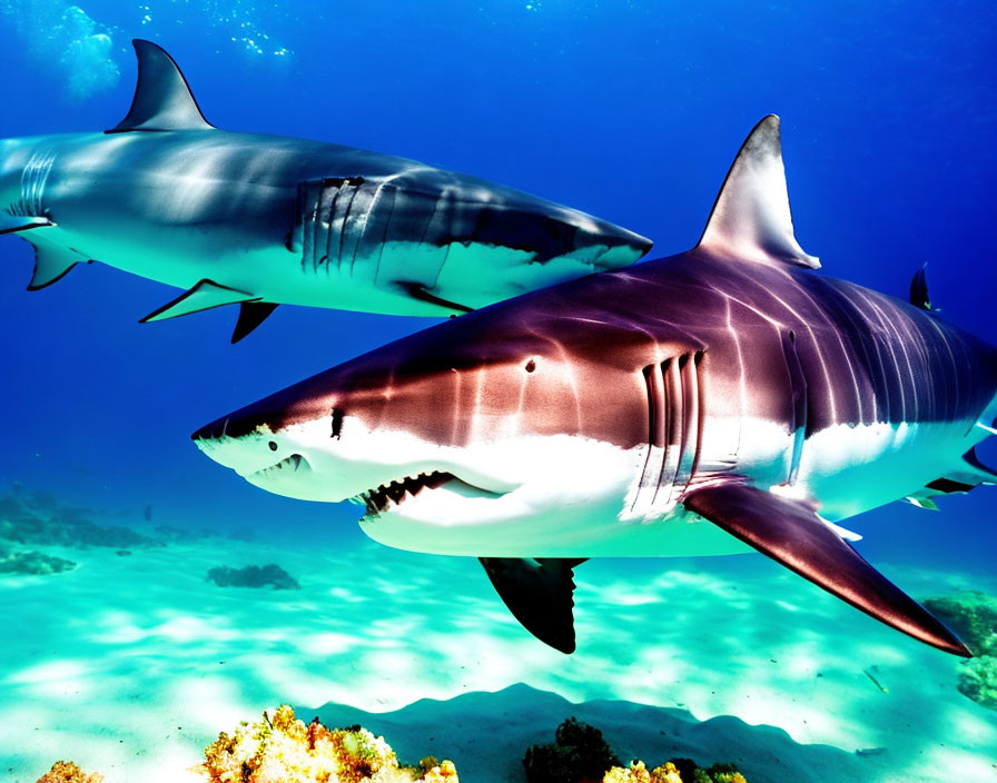 Underwater Scene: Two Sharks in Clear Blue Water above Coral Reef