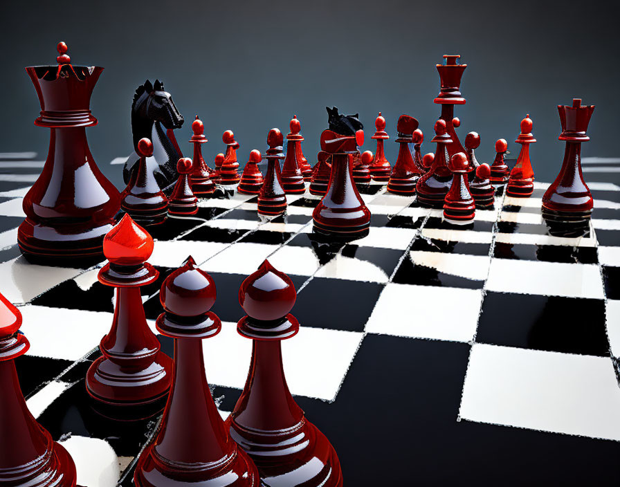 Glossy Chessboard 3D Render with Red and Black Pieces