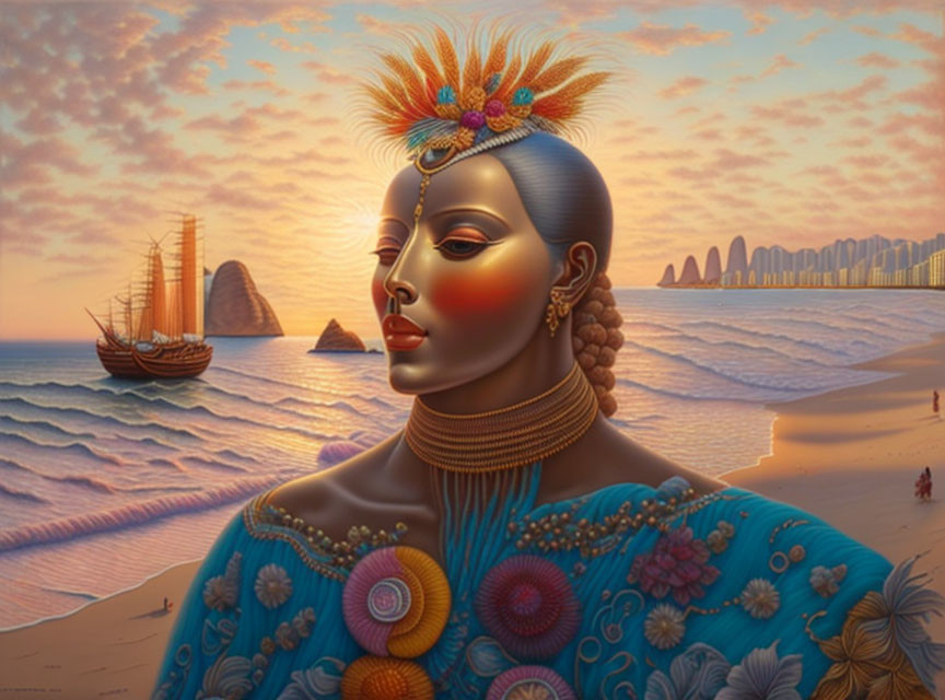 Stylized woman with headdress on surreal beach backdrop.