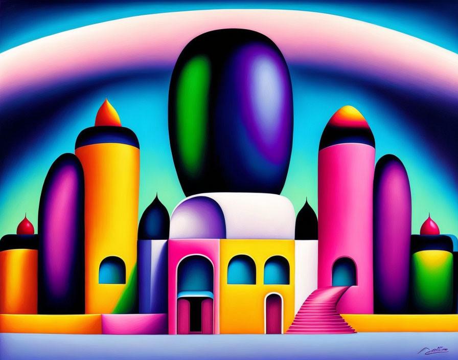 Vibrant, surreal landscape painting with rounded buildings under gradient sky