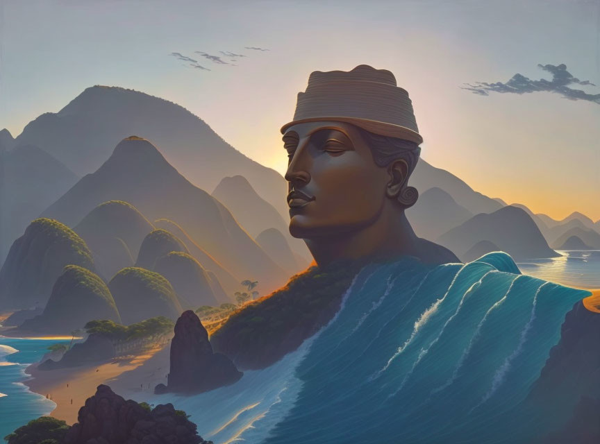 Colossal stone-like woman's bust in serene landscape by calm sea