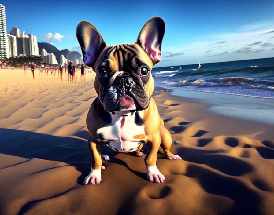 French Bulldog on Sandy Beach with People and High-Rise Buildings in Background