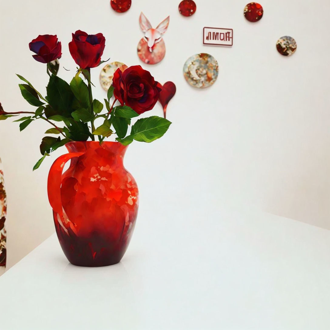 Red Vase with Roses, Decorative Plates, and "AMOR" Sign on White Table