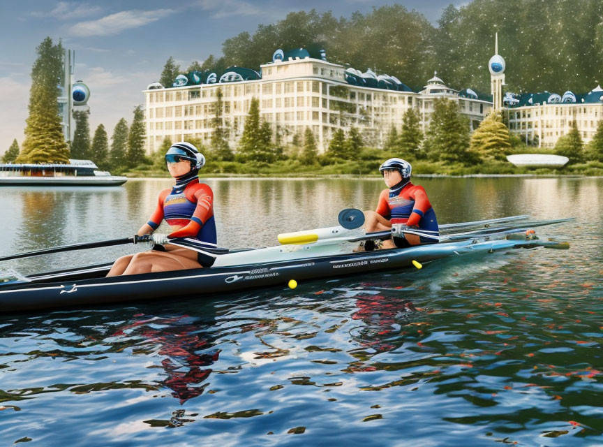 Rowers in double sculls boat on calm lake with white building and blue skies