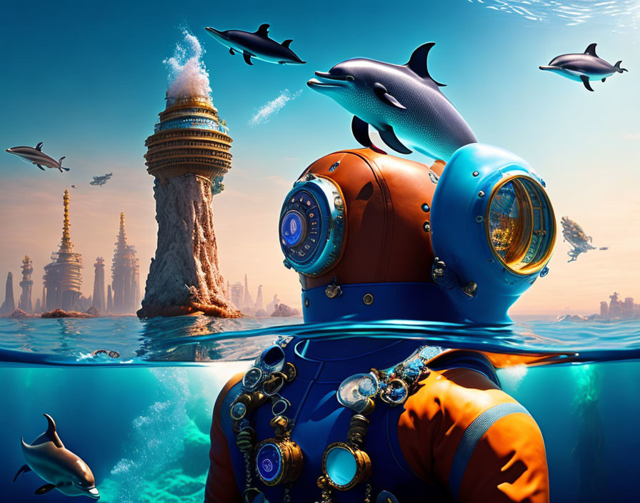 Vintage diver in underwater cityscape with dolphins and futuristic towers.