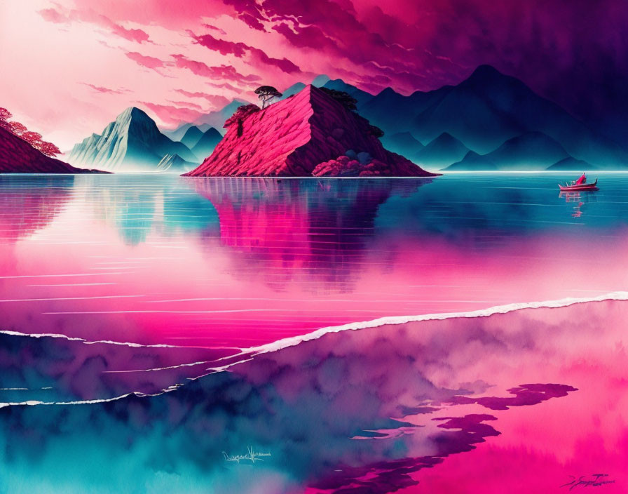 Vibrant pink and purple seascape with mountains, tree, and boat.