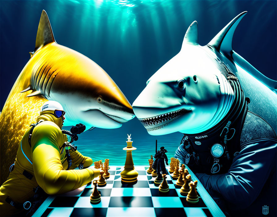 Underwater chess game with scuba diver, sharks, and surreal ocean backdrop