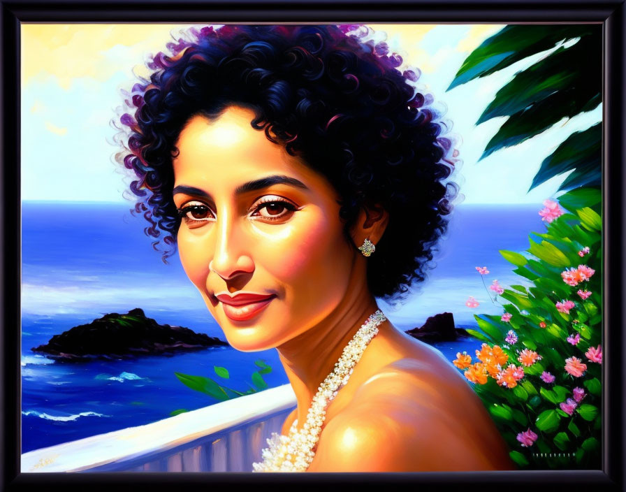 Smiling woman with curly hair in coastal setting with flowers.