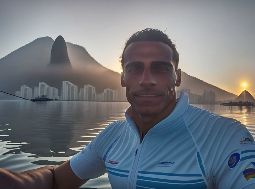 Man capturing sunrise selfie by serene lake and mountain silhouette under clear skies.