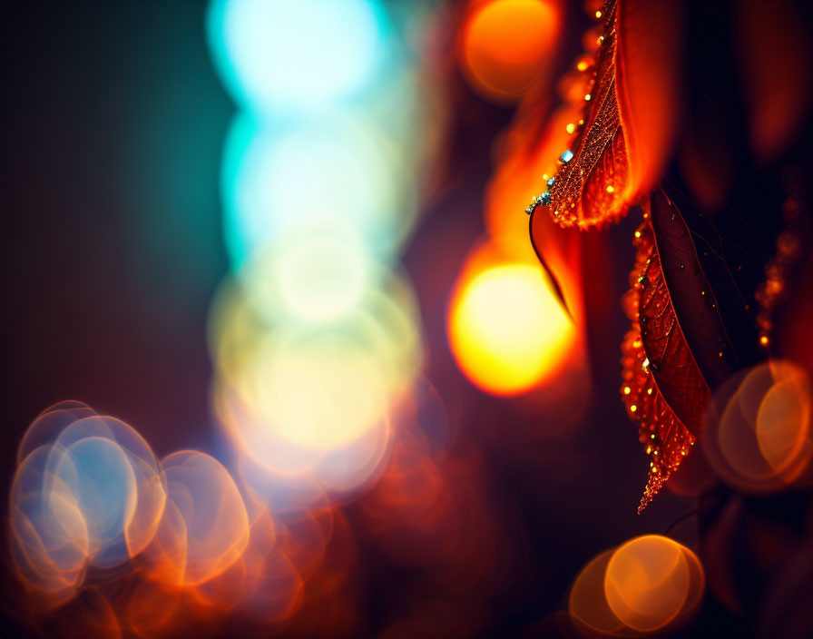 Dew-covered leaves with bokeh lights background