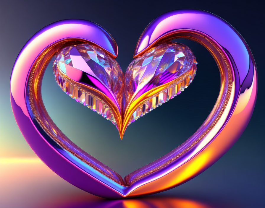 Shiny Metal Heart with Diamond-like Insets on Gradient Background