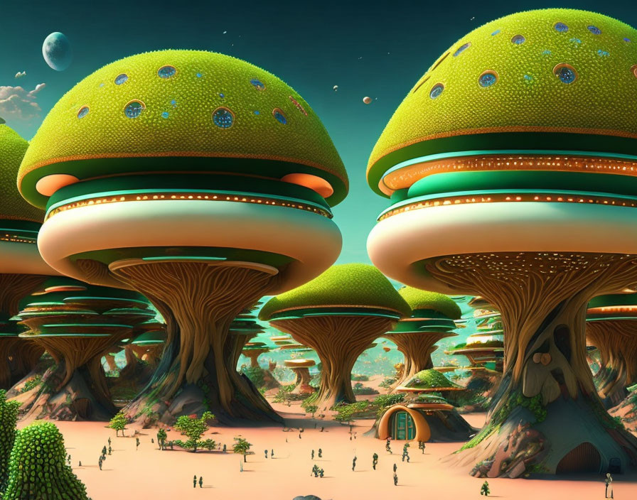 Futuristic landscape with mushroom-shaped buildings and alien planet in sky