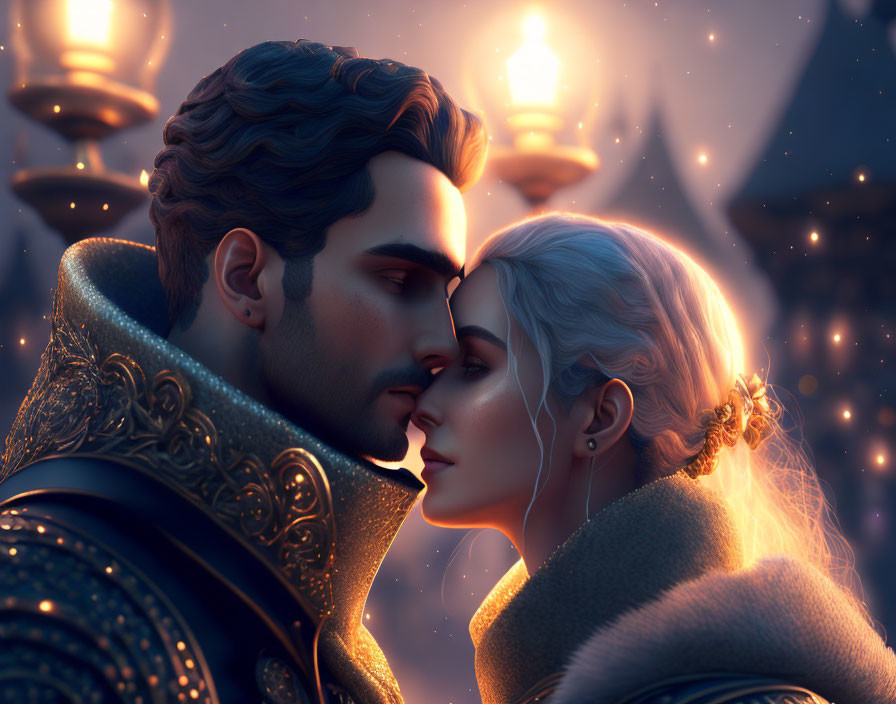 Illustration of Dark-Haired Man and White-Haired Woman Embracing at Twilight