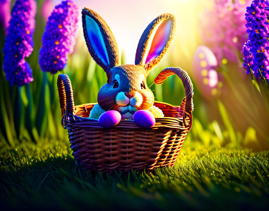 Colorful Easter Bunny illustration in sunlit field with flowers.