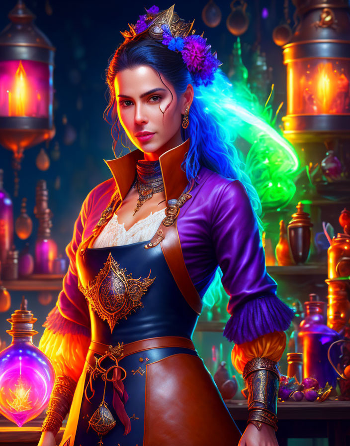 Blue-haired woman in fantasy attire with magical lanterns and orbs.