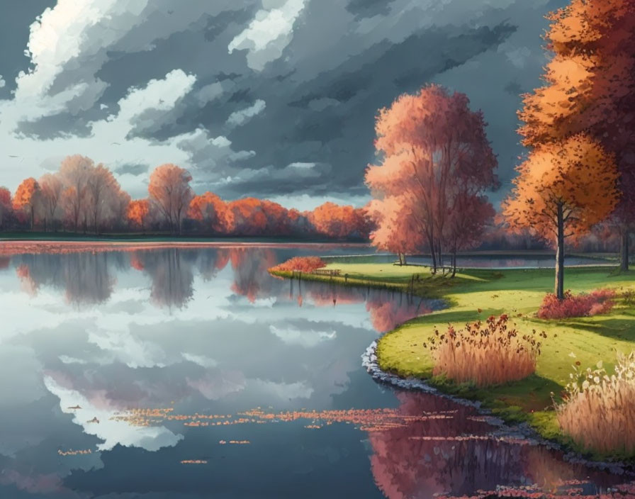 Tranquil autumn lake with colorful trees and cloudy sky