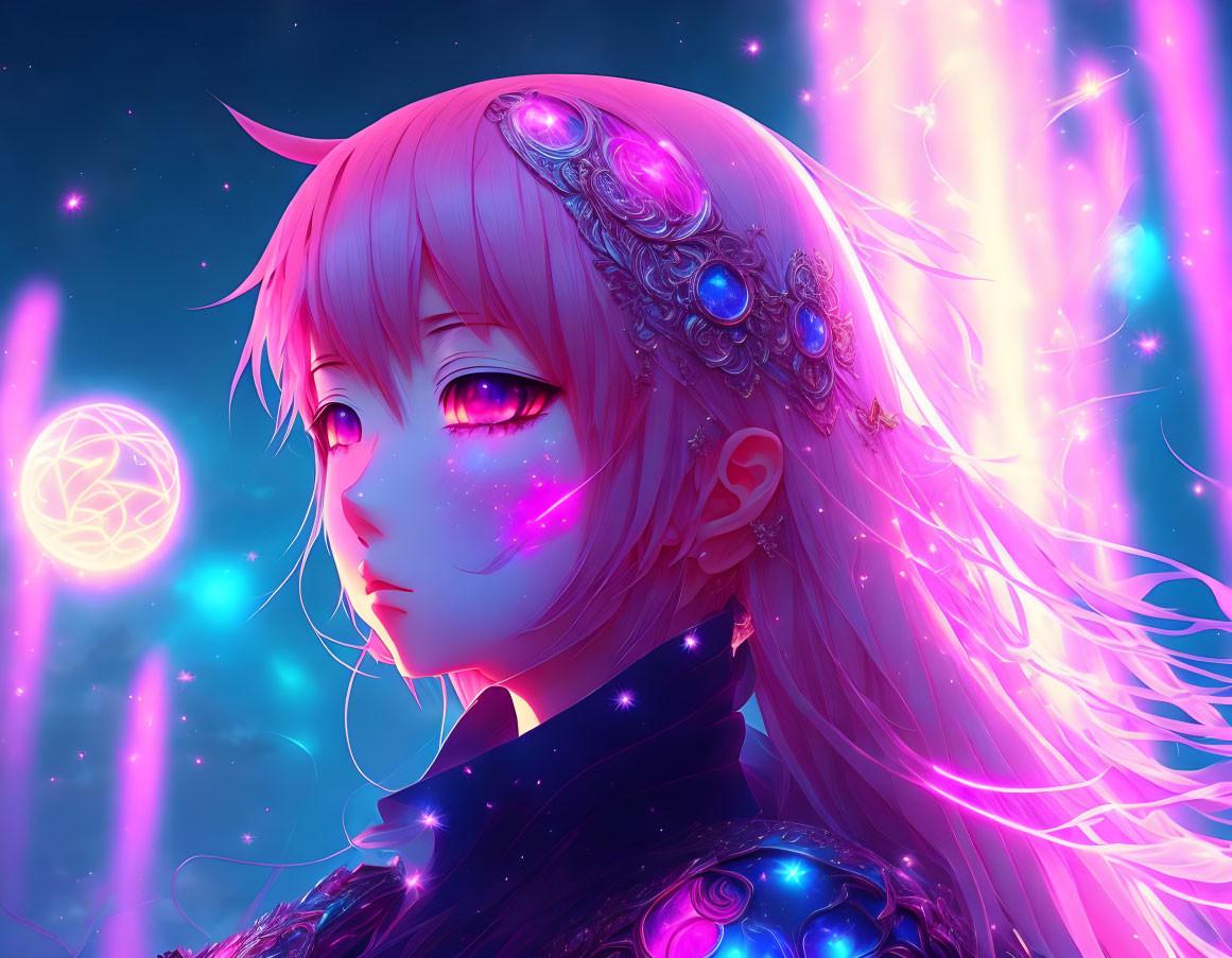 Illustrated character with pink hair and ornate headpieces, gazing at glowing orb in vibrant aur