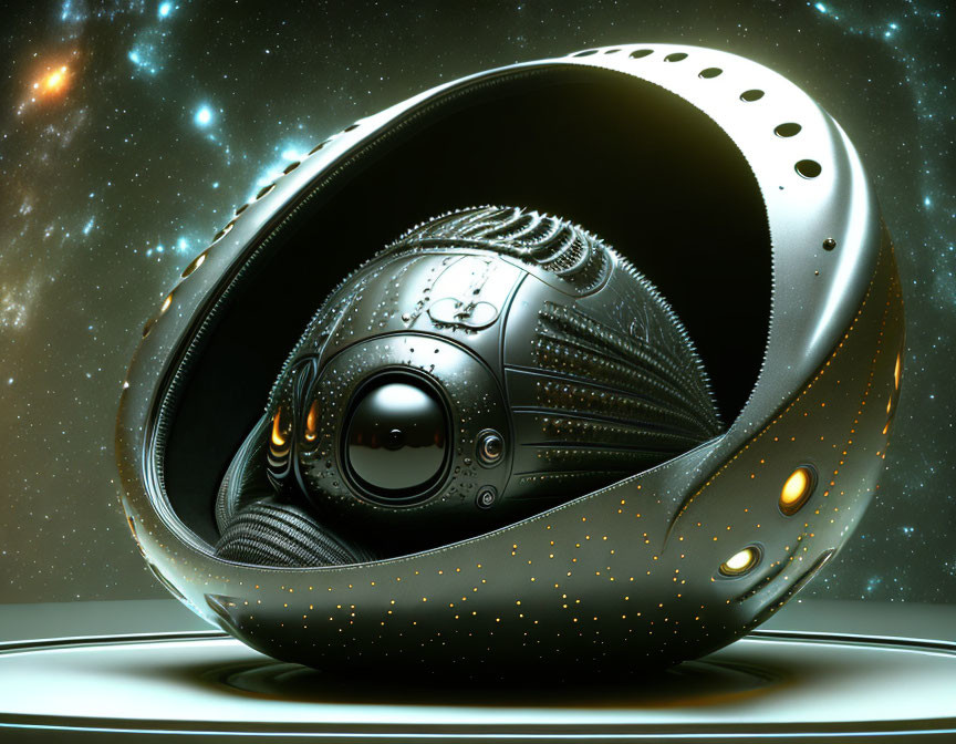 Intricate metallic sphere with lights in futuristic space scene