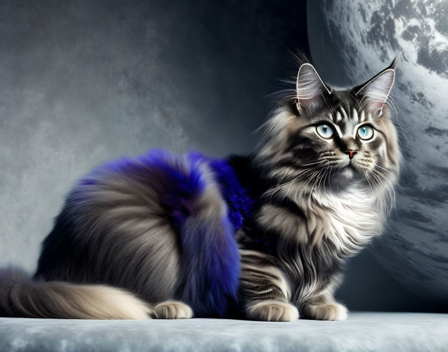 Long-haired grey and cream cat sitting under full moon