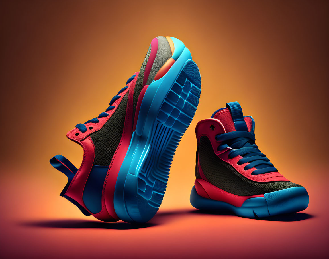 Vibrant red and blue high-top sneakers with contrasting sole on orange backdrop