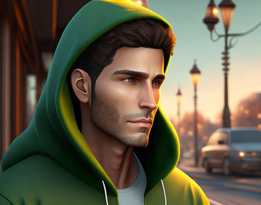 Digital portrait of man in green hoodie against city sunset.