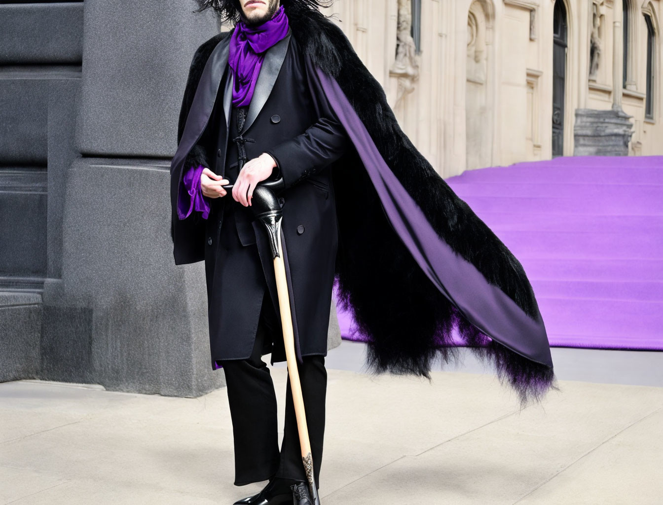 Stylish person in black outfit with purple scarf and fur-trimmed cloak on purple stairway