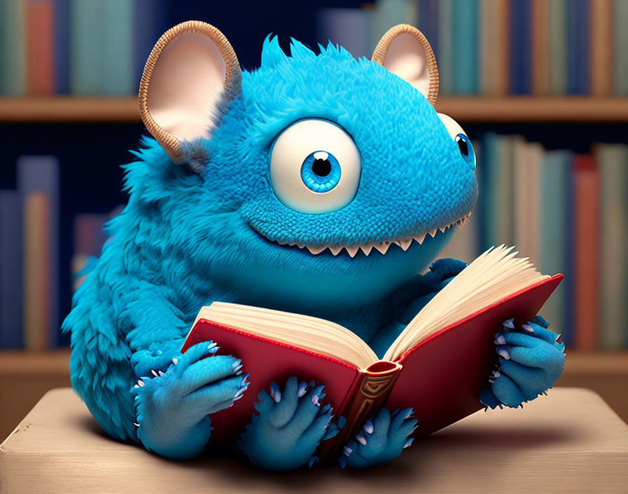 Blue furry animated creature reading red book in library