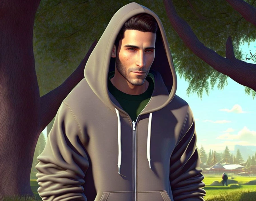 Digital illustration: Man in hoodie with dark hair in sunny park