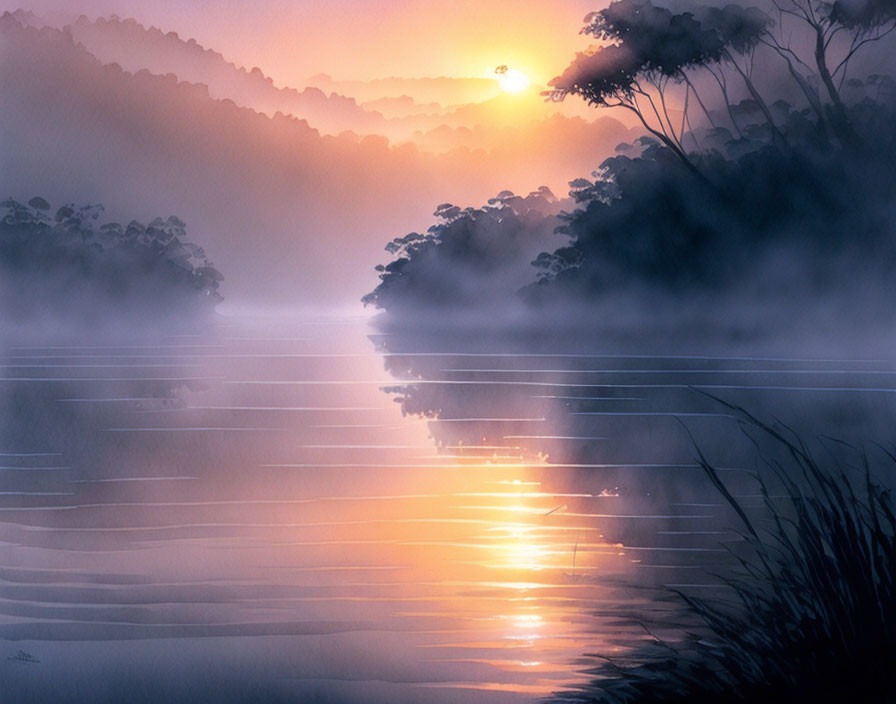 Tranquil Sunrise Scene: Misty Lake, Silhouetted Trees, Sunlight Reflection