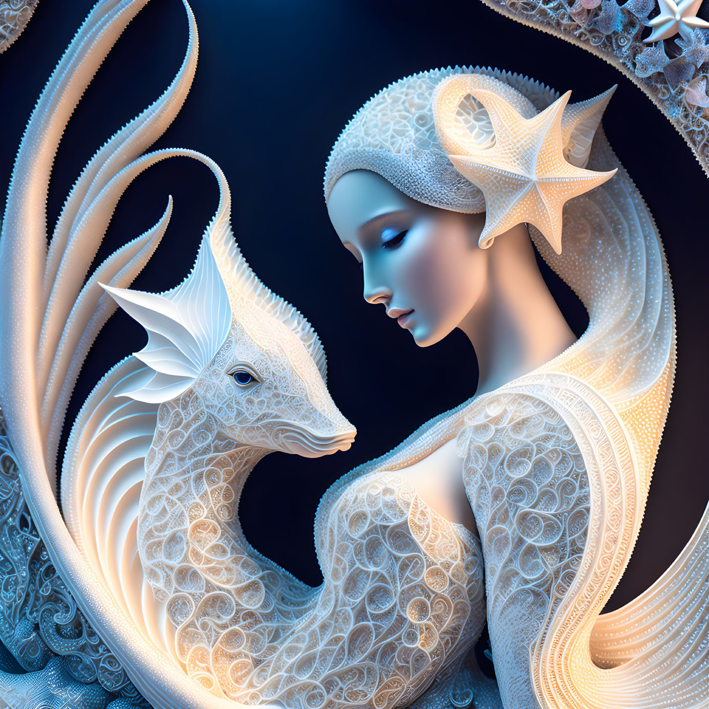 Intricate woman illustration with dragon creature on dark blue background