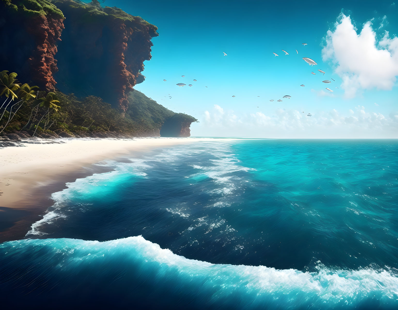 White Sand Beach with Verdant Cliffs and Clear Blue Sky