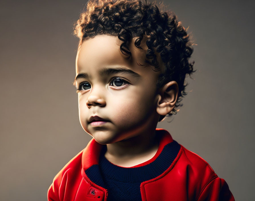 Serious curly-haired child in red and blue shirt on dark background