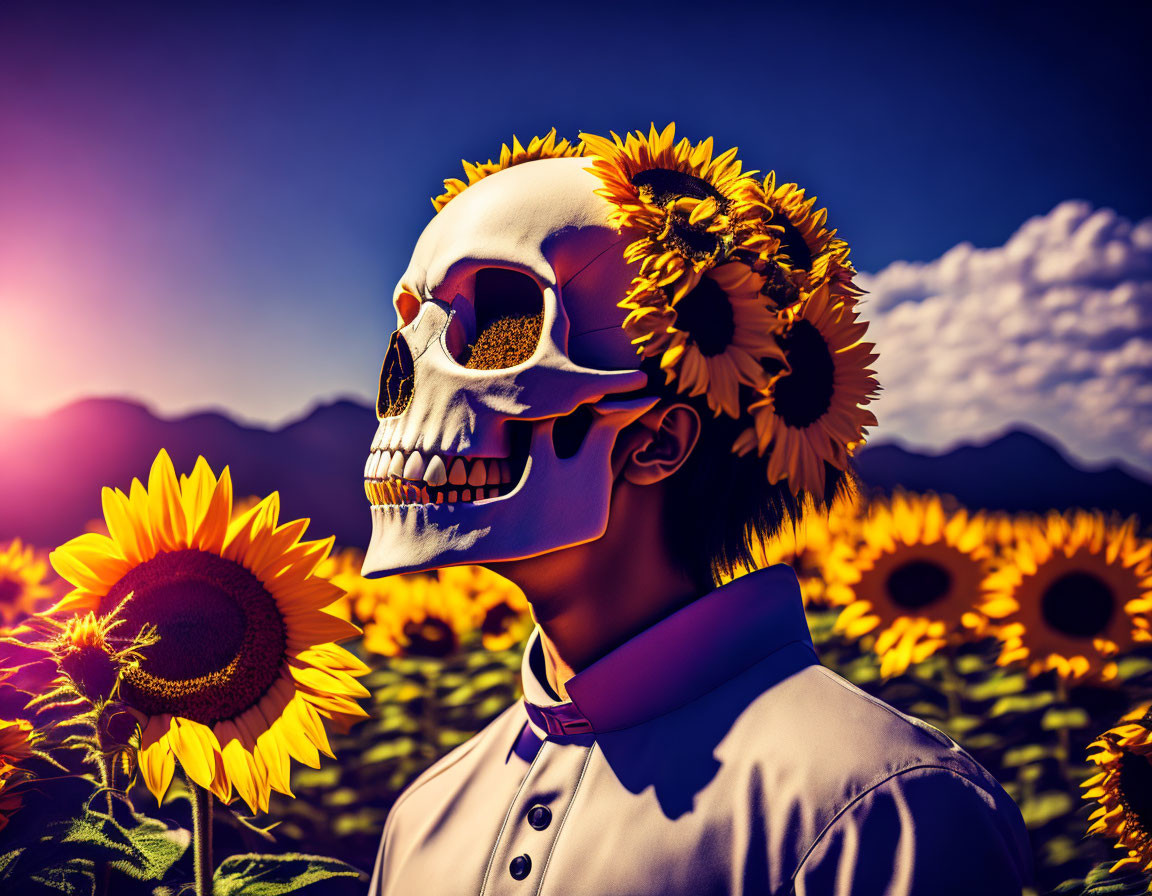 Skull mask person in sunflower field under colorful sky