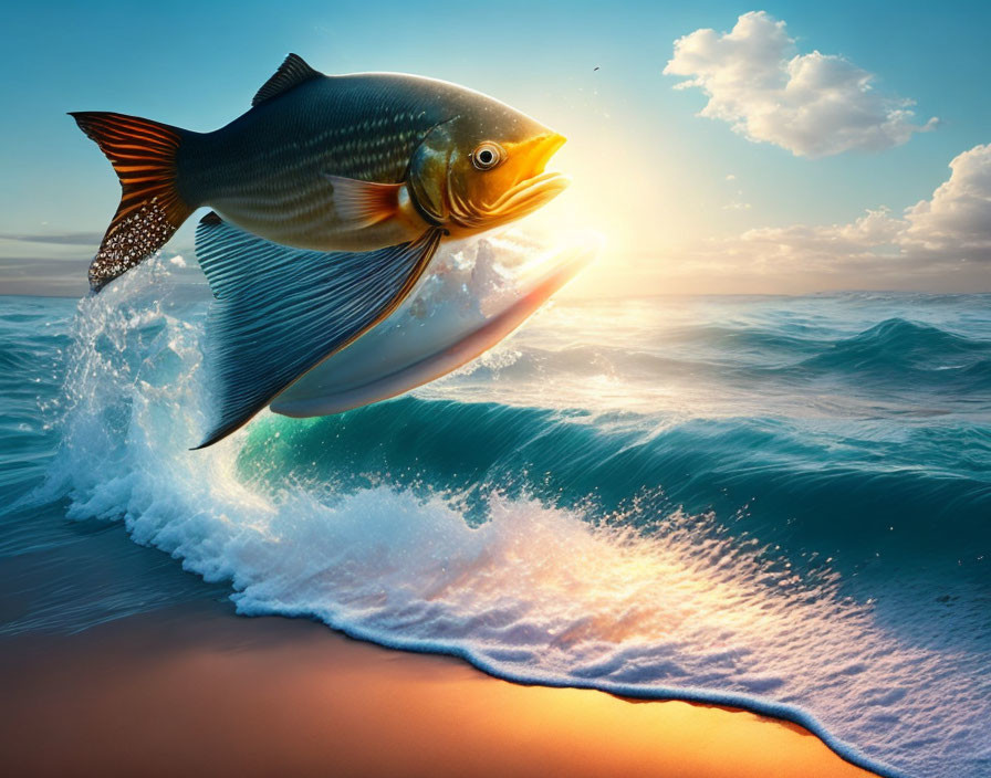 Large fish jumping out of ocean waves at sunset with warm light on shiny scales.