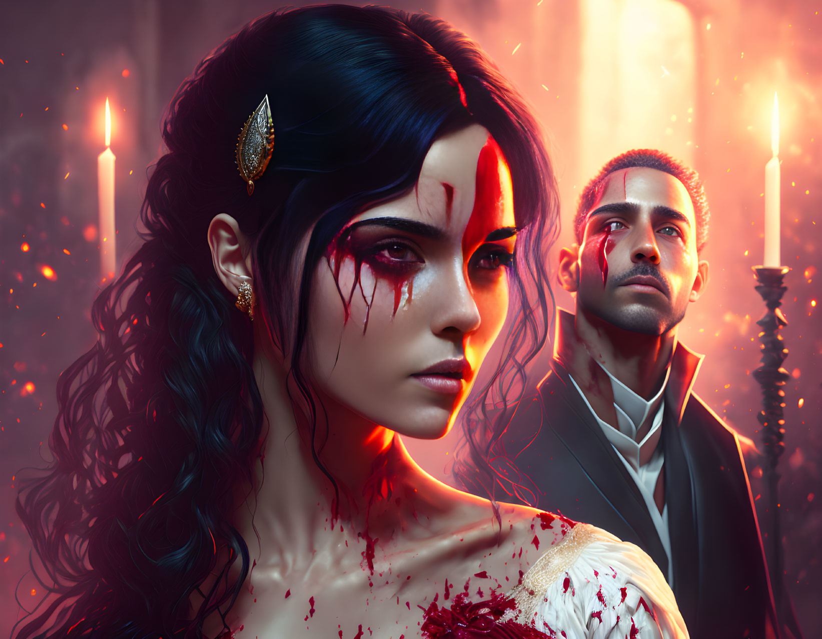 Digital artwork of woman with bleeding eyes and intense man, surrounded by candles