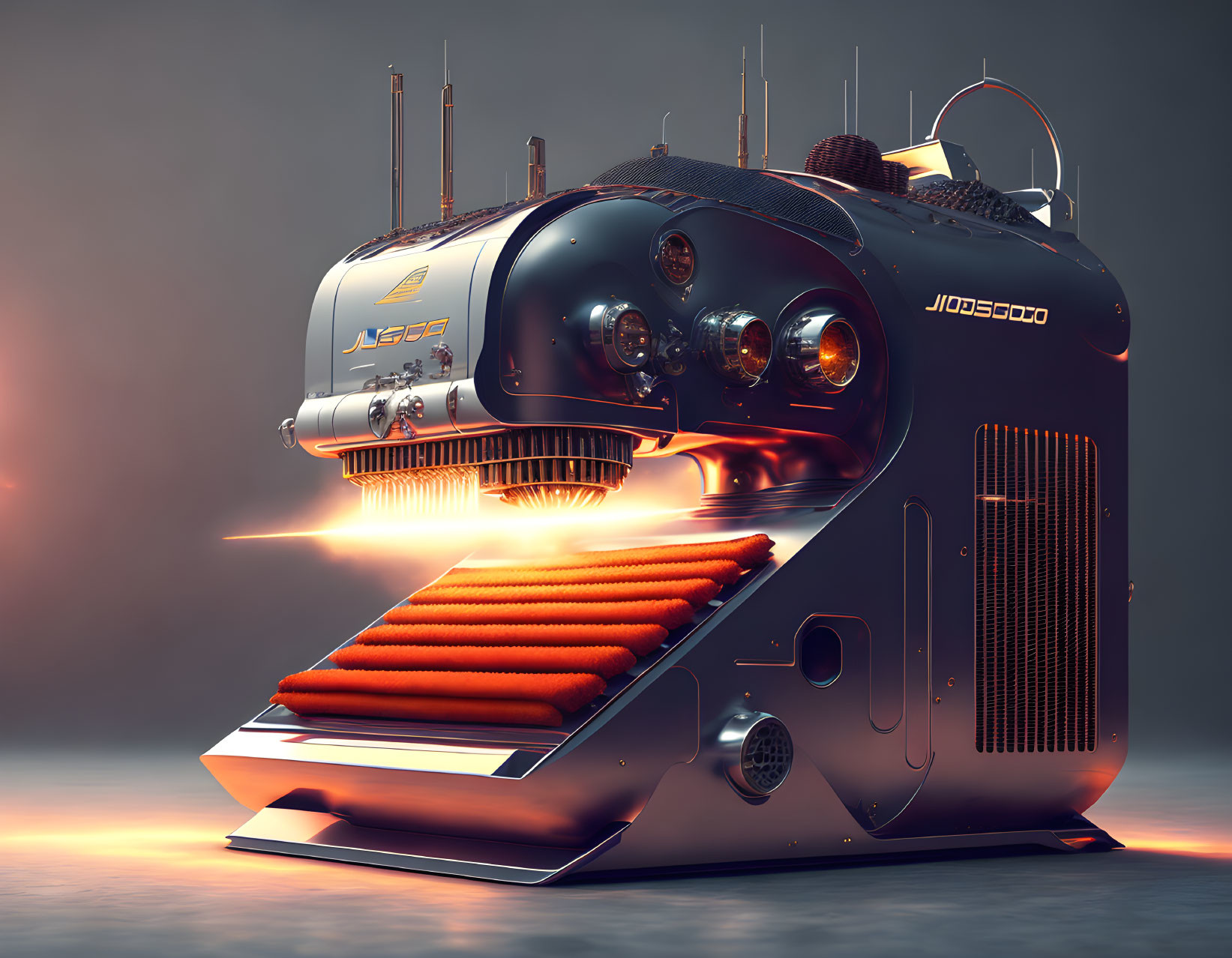 Sleek Chrome and Black Futuristic Machine with Glowing Orange Thrusters