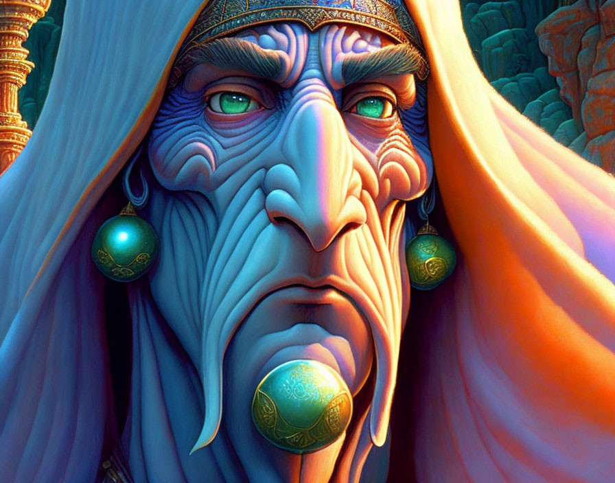 Blue-skinned character with jeweled headband and orange cloak