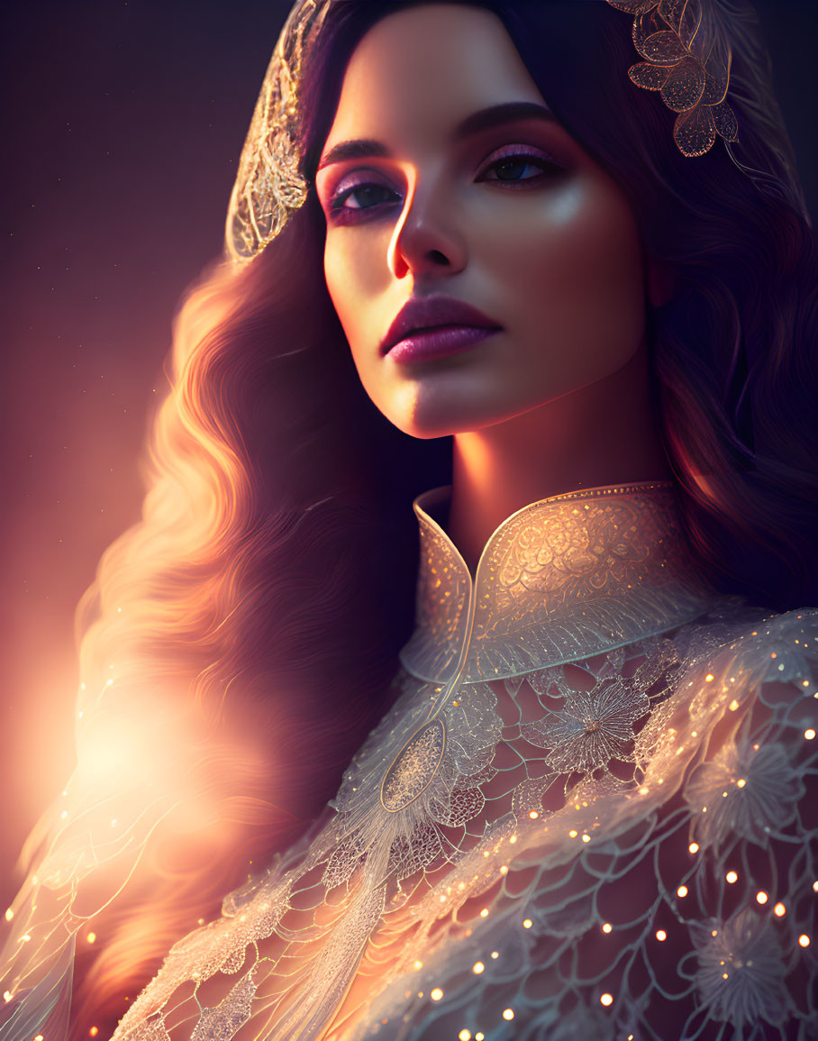 Mystical woman with flowing hair in lace attire lit with warm light