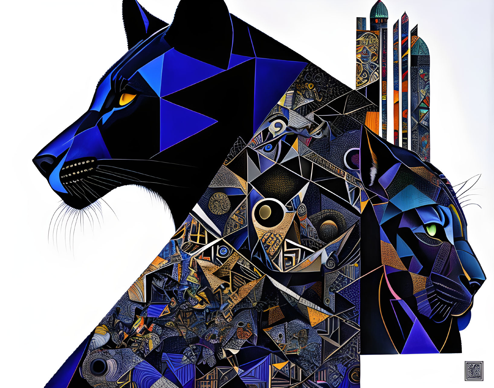 Geometric panthers in blue and black with intricate patterns