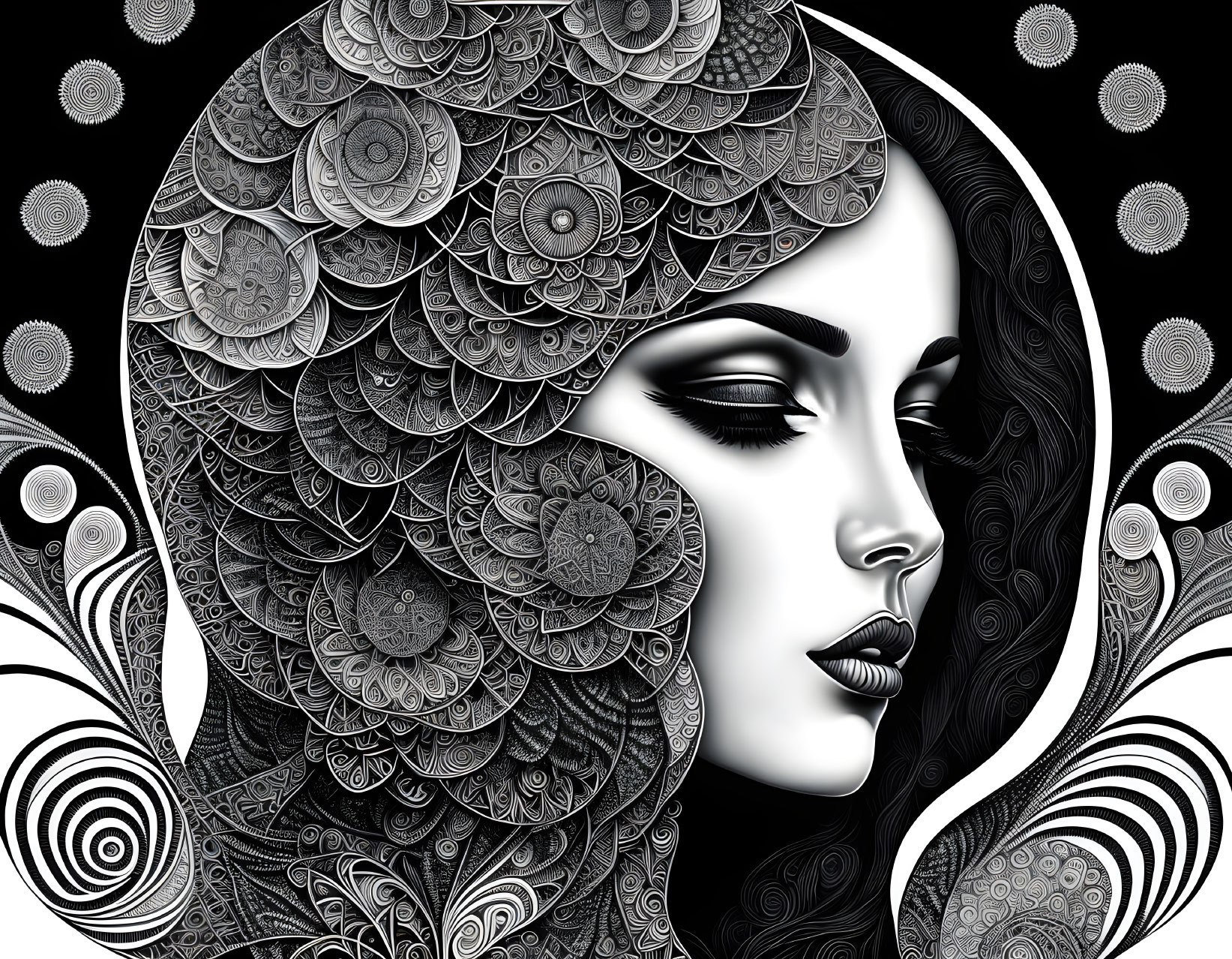 Monochrome Woman Profile with Floral and Mandala Designs