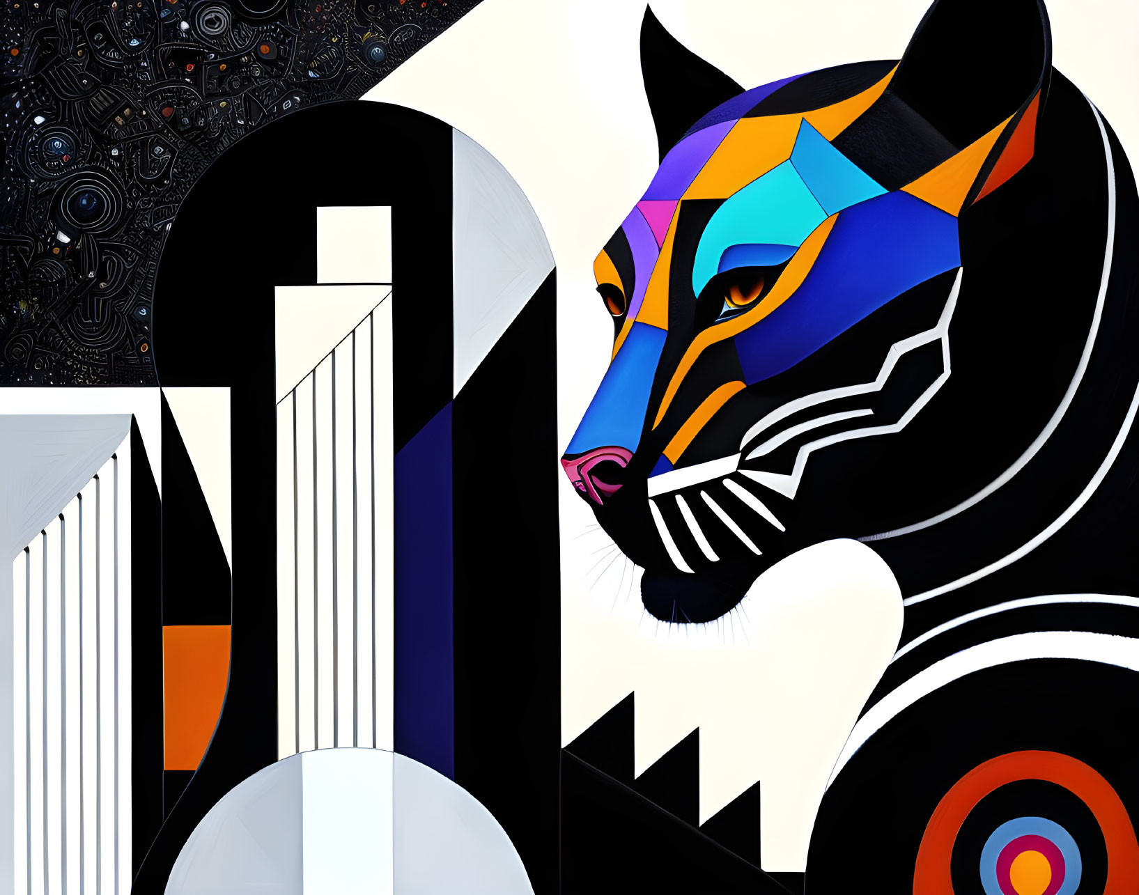 Colorful geometric panther with architectural shapes in abstract art